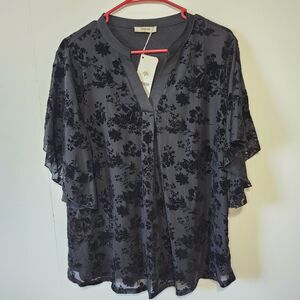 Timeson Womens XL Whimsy Goth Floral Burnout Mesh Blouse NWT Black Gray Top